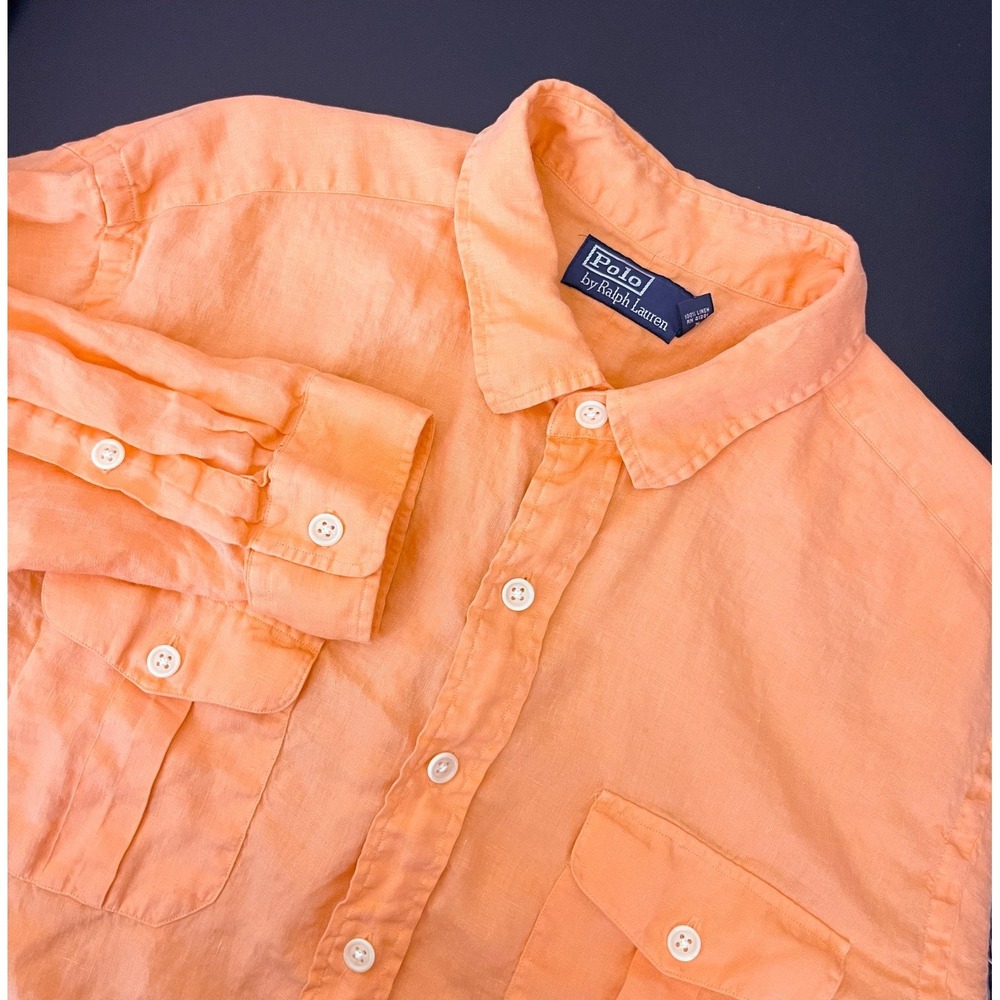 VTG Polo Ralph Lauren 100% Linen Shirt Mens XL Orange Roll Tab Utility Safari‎